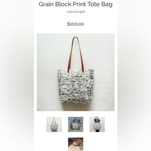 NEW Grain Block Print Canvas Tote Bag Leather Strap Julia Canright Handmade USA